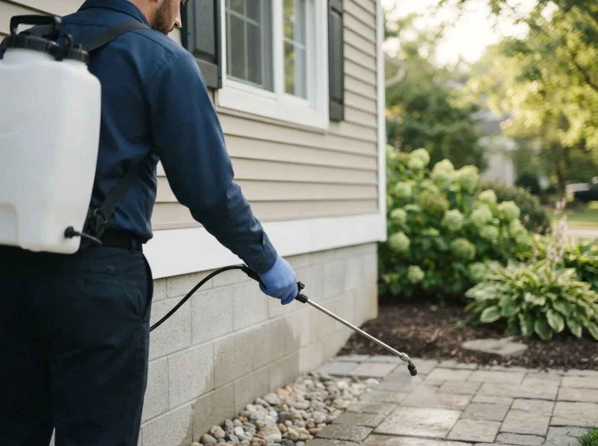 Pest control technician inspecting a home in Leaf River, IL